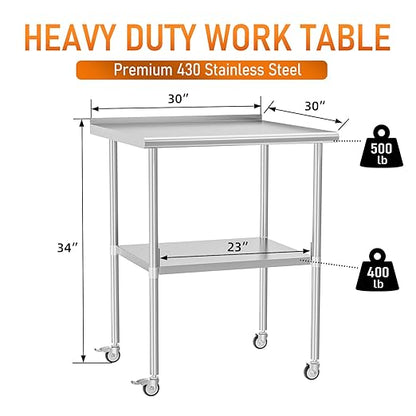 Stainless Steel Prep Table 30" X 30" with Adjustable Undershelf, Backsplash and Wheels, Commercial Metal Workstations for Kitchen, Garage, Outdoor BBQ