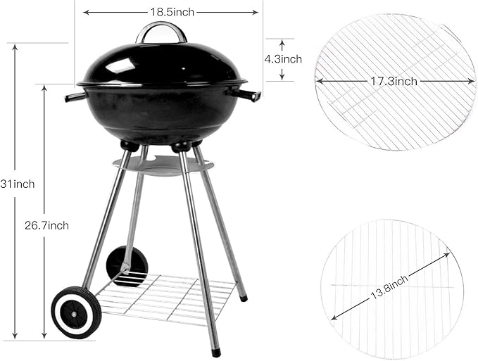 Portable Charcoal Grill, 18.5 Inch Barbecue Grill and Smoker Heat Control Round BBQ Kettle with 4 Detachable Stainless Steel Legs for Garden & Outdoor Cooking