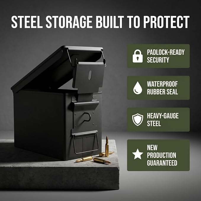 Lockable Metal Ammo Storage Box - Military & Army Steel Ammo Can for Ammunition Storage - Waterproof Ammo Crate Utility Box
