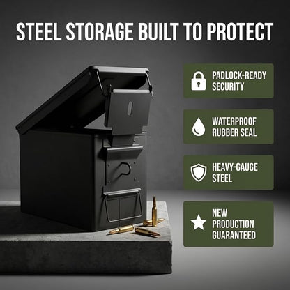 Lockable Metal Ammo Storage Box - Military & Army Steel Ammo Can for Ammunition Storage - Waterproof Ammo Crate Utility Box