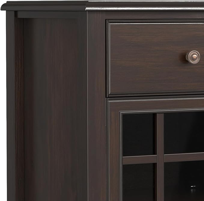 SIMPLIHOME Connaught 60" Wide Solid Wood 3-Door Buffet in Chestnut Brown | Traditional sideboard with adjustable shelves and classic molding for dining rooms; buffet, credenza or server.