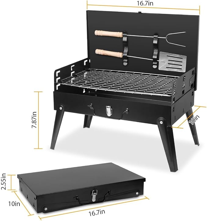 Portable Charcoal Grill - Foldable BBQ Suitcase with Shelf - Ideal for Camping Picnics and Garden Grilling