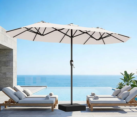 AreShark 15ft Patio Umbrella with Base, Double Sided Outdoor Umbrella with 12 Fiberglass Ribs, Large Outdoor Umbrella for Garden, Pool, Deck, Backyard & Market, Cream White