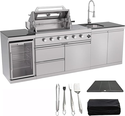 98.4 Inch Outdoor Kitchen Island, 72000 BTU Modular Propane Gas Grill Combination With Refrigerator and Sink, Outdoor Stainless Steel Barbecue Bar, Propane Grill for Patios, Gardens, Parties