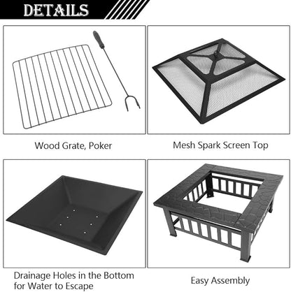 VINGLI 32in Wood Fire Pit with Mesh Lid and Fire Poker, Portable Outdoor Fireplace Burning FirePit for Chrismas Backyard Patio Outside Picnic BBQ Party