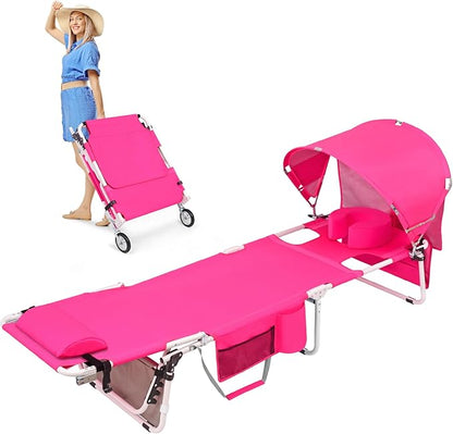 Wheel-To-Go Oversized Tanning Chair with Face Hole & Wheels | Portable Heavy Duty Folding Lounge Chair | Outside Sunbathing Reading Relaxing Beach Poolside | XL Wide | 330 LBS Pink (Patent Design)