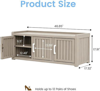 3 Doors Shoe Bench, Waterproof & UV-Resistant, Resin Shoe Cabinet Indoor & Outdoor Use, Entryway Bench with Adjustable Shelves & Hidden Storage Space for Bedroom, Hallway, Grey