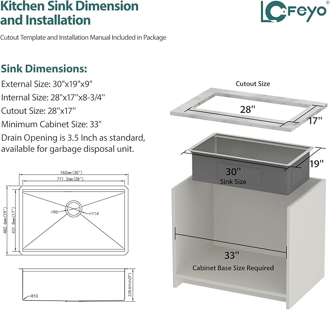 30x19 In Undermount Kitchen Sink Workstation 304 Stainless Steel 16 Gauge Handmade Under Counter Single Bowl Modern Deep Kitchen Sink Basin,LOF-B9991