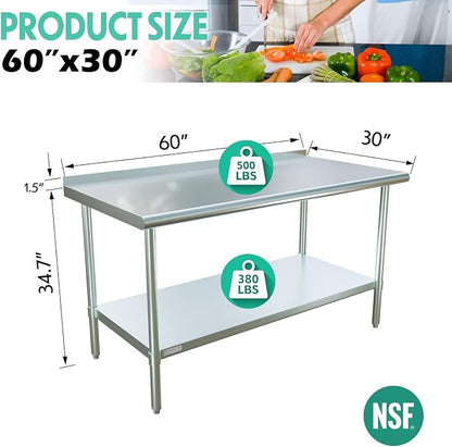 STABLEINK Stainless Steel Table with Backsplash 60x30 Inches 5ft for Prep | NSF Certified Metal Work Table Workbench with 1.5” Backsplash for Commercial Kitchen Restaurant Hotel Laundry Garage Chef