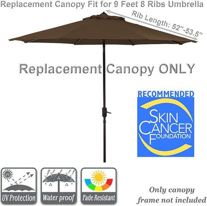 9ft Patio Umbrella Replacement Canopy Market Umbrella Top Outdoor Umbrella Canopy with 8 Ribs,Vented Canopy, Fade Resistant, UPF 50+ Excellent Sun Protection