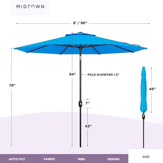 Midtown Umbrellas - 10-Year-No-Fade 8 Ft Patio Umbrella with Terylast Fabric, Auto-Tilt Aluminum Frame and 8 Reinforced Ribs for Deck, Pool, Garden & Beach - Cobalt Blue Canopy, Black Pole