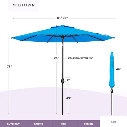 Midtown Umbrellas - 10-Year-No-Fade 8 Ft Patio Umbrella with Terylast Fabric, Auto-Tilt Aluminum Frame and 8 Reinforced Ribs for Deck, Pool, Garden & Beach - Cobalt Blue Canopy, Black Pole