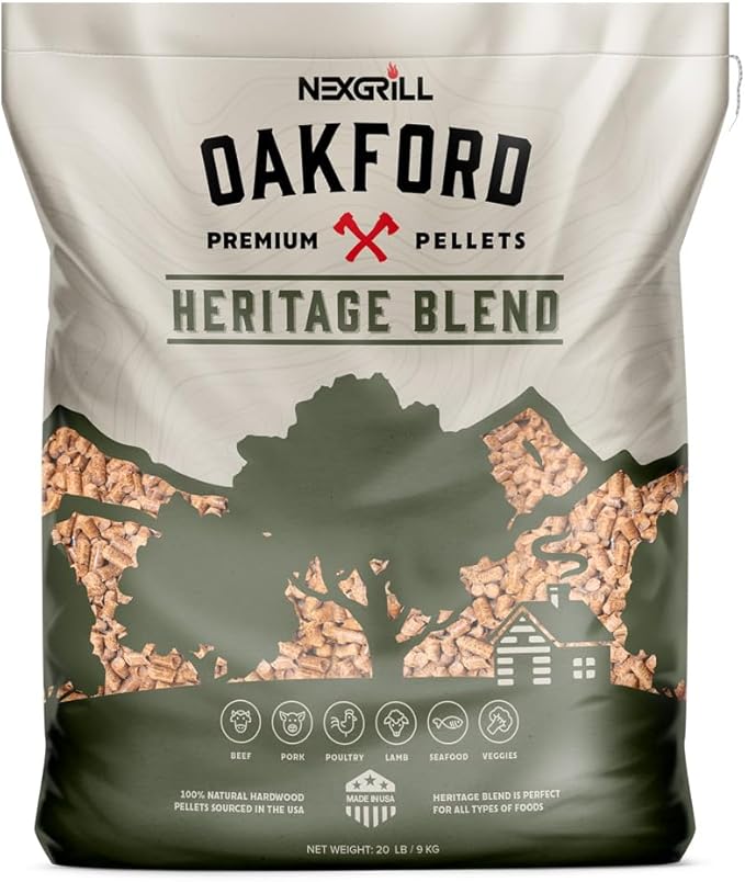 Oakford Premium Hardwood Pellets - Heritage Blend, Perfect to Grill, Bake, Smoke, Braise, and BBQ, Blend of Oak, Hickory, and Maple Wood, Outdoor Grilling & Cooking, 20 LB Bag, 911-18001