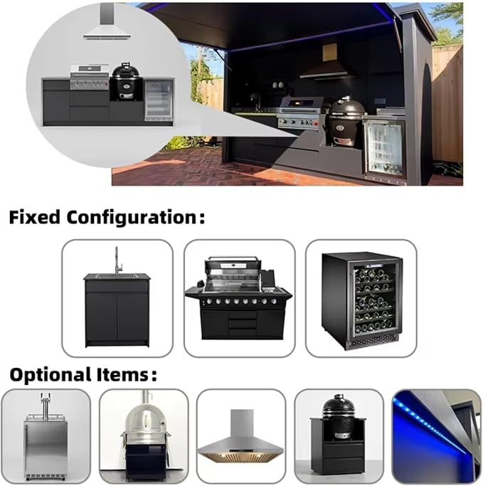 Outdoor Kitchen BBQ Pod, Modular Stainless Steel Barbecue Cabinet, Prefabricated Garden Cooking Shed, Custom Weatherproof Fridge, Luxury Appliance & Bar Modules for Outdoor Entertaining