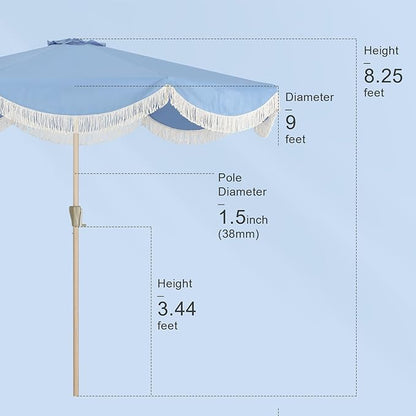 Tempera 9ft Blue Scalloped Patio Umbrella with Fringe,UV Protection Fade Resistant Canopy, 8 Sturdy Ribs, Outdoor Table Umbrella with Crank Tilt for Lawn, Pool, Deck, Balcony