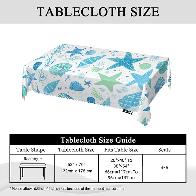 Swono Seashells Blue Rectangular Tablecloth Summer Ocean Shellfish Starfish Washable Table Cloth Kitchen Dining Room Table Cover for Party Dinner 50x72 Inch Tablecloths