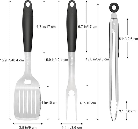 15.8" Heavy Duty Grill Set - Stainless Steel BBQ Tools with Spatula, Tongs & Fork, Professional Grilling Gifts for Men, Outdoor Barbecue Tool Set
