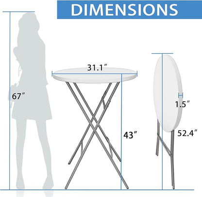 GUAGUA 32in Folding Cocktail Table, Bar Height, Round,High Top, White | Portable plastic table with folding legs for parties, weddings, catering, and indoor or outdoor events.