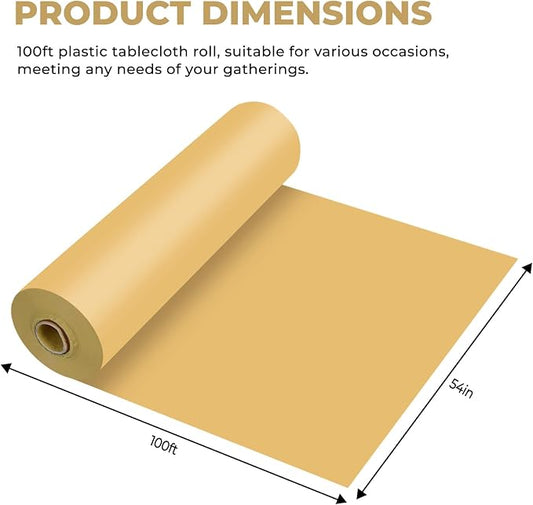 54 Inch X 100 Feet Plastic Table Cover Roll Premium Disposable Plastic Tablecloth for All Type/Shape Tables | Picnic, Party, Banquet, Birthdays, Weddings (Gold, 54 Inch X 100 Feet)