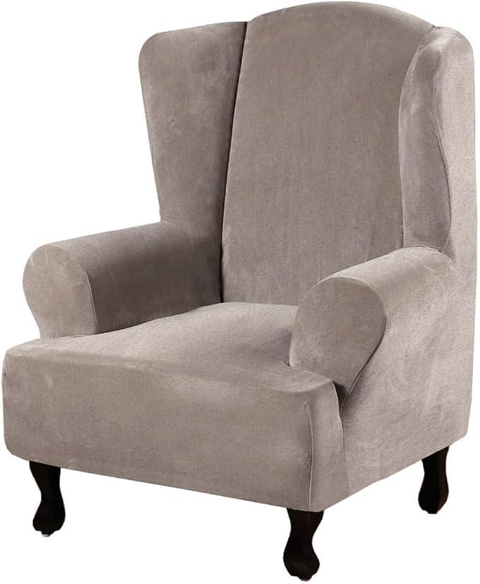 H.VERSAILTEX Wingback Chair Covers Velvet Plush Wing Chair Slipcover 1 Piece High Stretch Wing Back Chair Slipcovers Sofa Cover Furniture Cover with Elastic Bottom, Taupe