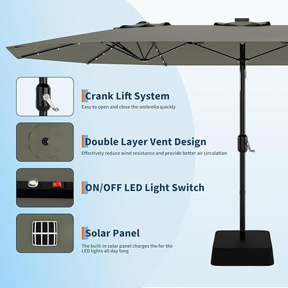 15FT Outdoor Patio Umbrella,Double-Sided Rectangle Market Umbrella with 36 LED Solar Lights & Base,UV50+ Weather-Resistant Oversized Outdoor Umbrella,Crank Lift,3-Way Shade for Pool,Garden,Backyard