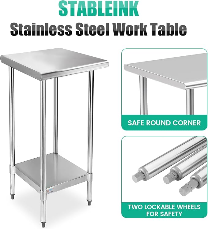 STABLEINK Stainless Steel Small Table with Undershelf 18x24 Inches for Prep | NSF Certified Heavy Duty Metal Work Table Workbench for Commercial Kitchen Restaurant Hotel Laundry Garage Chef Homemaker