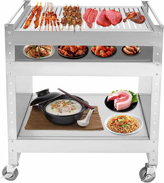 Stainless Steel Grill Cart, Adjustable Shelves 3-Tier BBQ Picnic Cart Charcoal Barbecue on Wheels, Mobile Barbecue Trolley for Outdoor Camping, Patio, Party, 23x16x32in