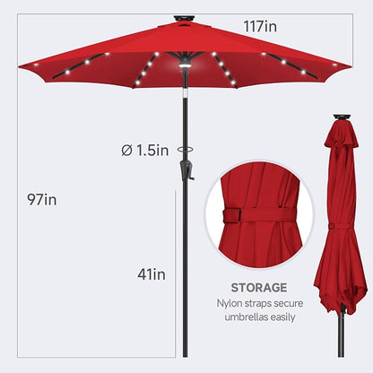 FLAME&SHADE Solar Patio Umbrella with Centre Light, 10 FT Red | UV Protection, Small Solar Outdoor Umbrella for Porch, Deck, Backyard, Garden, Provides Evening Lighting, 40 LED Lights
