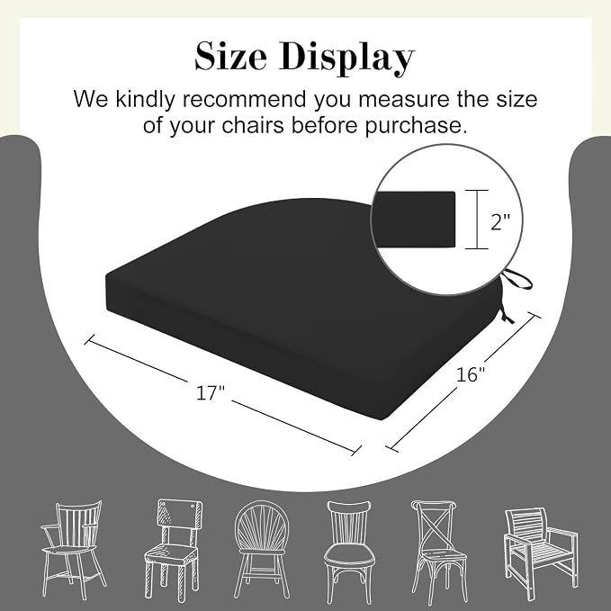 Cozyide Outdoor Chair Cushions, Waterproof Patio Seat Cushions with Adjustable Straps, Round Corner Patio Chair Cushions for Garden, Black, 17x16x2 Inch (Pack of 2)