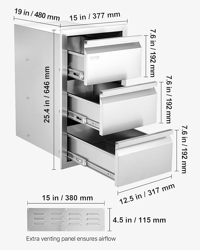 VEVOR Outdoor Kitchen Drawers 14.7" W x 25.4" H x 18.7" D, Box Frame Style Flush Mount BBQ Drawers with Stainless Steel Handle, BBQ Island Drawers for Outdoor Kitchens or Patio Grill Station