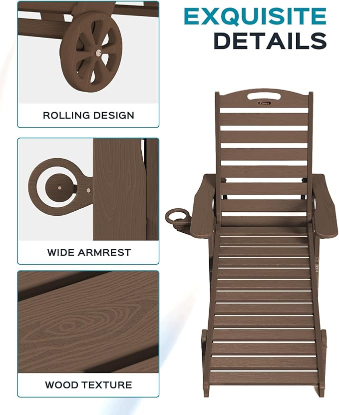 Ciokea Lounge Chair Outdoor, Oversized Chaise Lounge Chair with 5 Positions, HDPE, Patio Lounge Chair with Wheels & Cup Holder for Pool, Deck, Poolside, Dark Brown