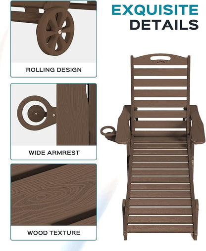 Ciokea Lounge Chair Outdoor, Oversized Chaise Lounge Chair with 5 Positions, HDPE, Patio Lounge Chair with Wheels & Cup Holder for Pool, Deck, Poolside, Dark Brown