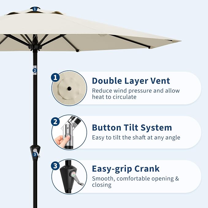 GarveeLife 9FT Patio Umbrella Outdoor, Market Umbrella, Table Umbrella with Push Button Tilt and Crank, 8 Sturdy Ribs UV Protection Waterproof for Garden, Pool, Deck, | Table Umbrella UV Protection Waterproof for Garden, Pool, Market, Deck (Beige White)