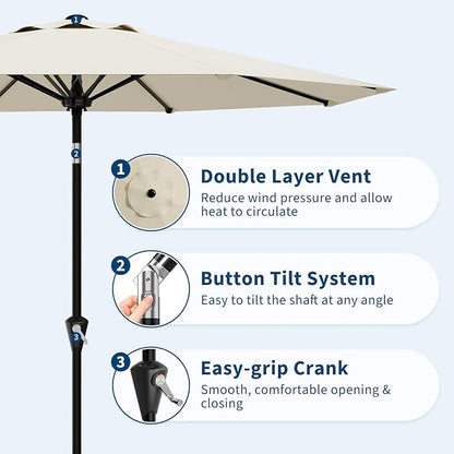 GarveeLife 9FT Patio Umbrella Outdoor, Market Umbrella, Table Umbrella with Push Button Tilt and Crank, 8 Sturdy Ribs UV Protection Waterproof for Garden, Pool, Deck, | Table Umbrella UV Protection Waterproof for Garden, Pool, Market, Deck (Beige White)