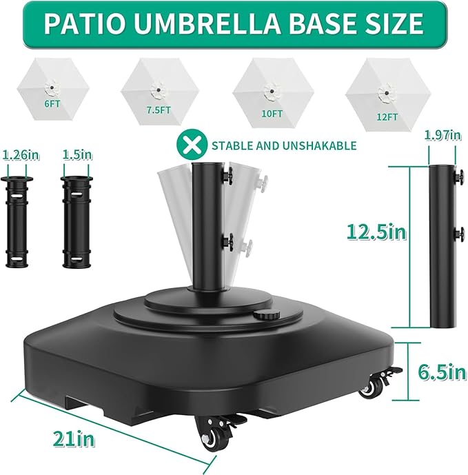 QZER Large Fillable Umbrella Base with 5 Wheels, Outdoor Umbrella Stand | 145lb Heavy Duty & Anti-Rust Patio Umbrella Base for Patio, Deck, Pool, Lawn, Fits Most Sized Umbrellas
