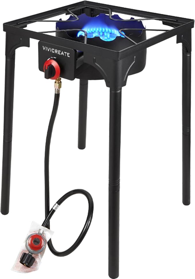Vivicreate 30000 BTU Propane Gas Stove Outdoor Single Burner Adjustable Height with 20PSI Regulator Heavy Duty Cooker for Patio Camping Garden BBQ Fogon de Gas Estufa de Gas Portatil Parrillas