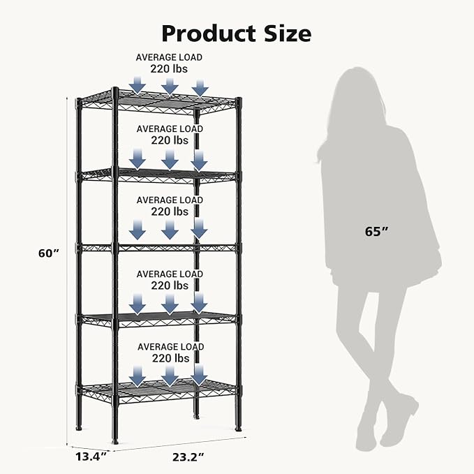 DUMOS 5-Tier Metal Wire Storage Shelves, Adjustable Standing Storage Rack Shelf, Heavy Duty Steel Shelving Unit Organizers for Kitchen Bathroom Pantry Garage, 23.2" Wx13.4 Dx60.1 H, Black