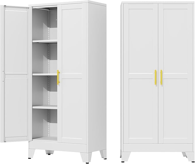 61" Metal Garage Storage Cabinet with 2 Doors and 3 Adjustable Shelves,Metal Storage Cabinets,Steel Tool Cabinets for Home,Office,Garage,Warehouse(White, 61''H x 27''W x 14''D)