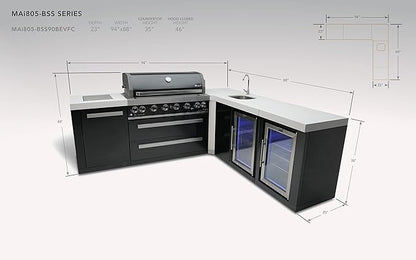 Mont Alpi Premium 94"W x 88"D Black Stainless Steel Modular L-shaped Outdoor Kitchen Island with 2 Refrigerators + Beverage Center Faucet & Sink + 44"W 6-Burner BBQ Grill + Storage Cabinets & Drawers