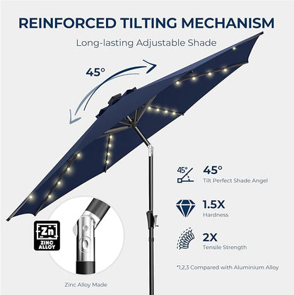 HOMSHADE 9ft Solar Patio Umbrella - Solar Lights LED Lighted Outdoor Market Table Umbrella, UPF50+ UV Protection with Push Button Tilt, Crank for Pool Deck and Garden (Navy Blue)