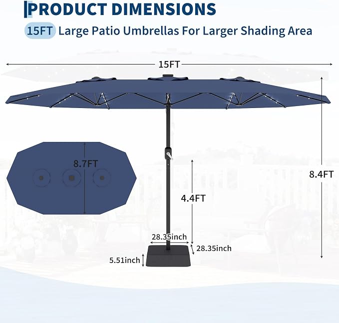 Garvee 15FT Patio Umbrella with Solar Lights & Base Included, Navy Blue | Rectangular Large Patio Umbrella with Crank Handle 48 LED Lights, UV Protection for Outdoor Market, Backyard, Deck, Poolside