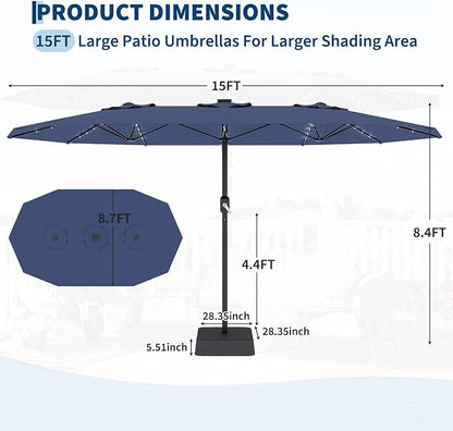 Garvee 15FT Patio Umbrella with Solar Lights & Base Included, Navy Blue | Rectangular Large Patio Umbrella with Crank Handle 48 LED Lights, UV Protection for Outdoor Market, Backyard, Deck, Poolside