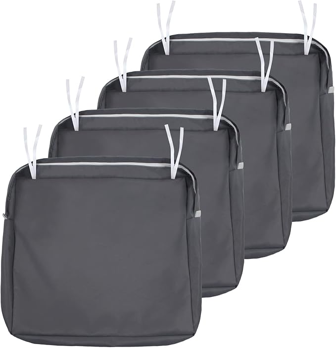 NettyPro Patio Cushion Covers Replacement Set 4 Water Repellent UV Resistant Outdoor Chair Seat Cushion Slipcover with Zipper and Tie, 24 x 24 x 4 Inch, Grey