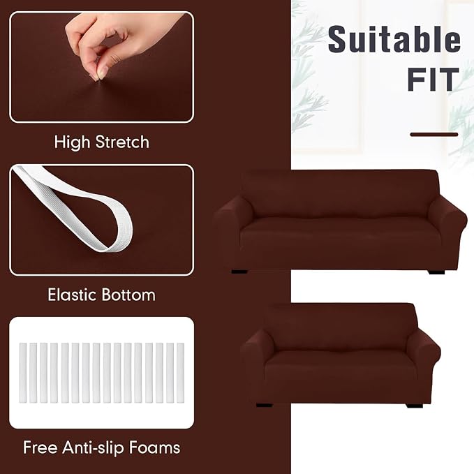 Peryiter 2 Pcs Couch and Loveseat Sofa Covers,Brown,Milk Silk | Armchair Covers for Living Room, Sofa Cushion Slipcover 2/3 Seater, Furniture Protector, Polyester and Spandex, Washable
