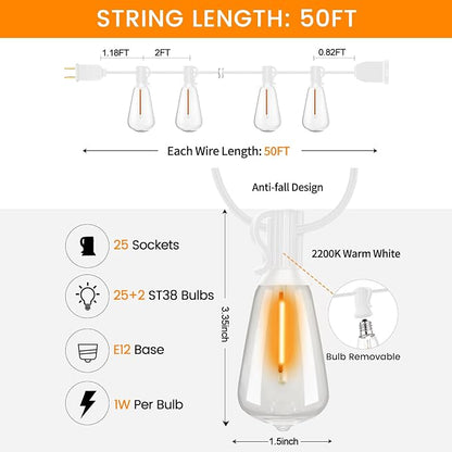 LED Outdoor String Lights 50ft ST38 White Waterproof Patio Lights with 25 Vintage Shatterproof Bulbs(2 Spare)