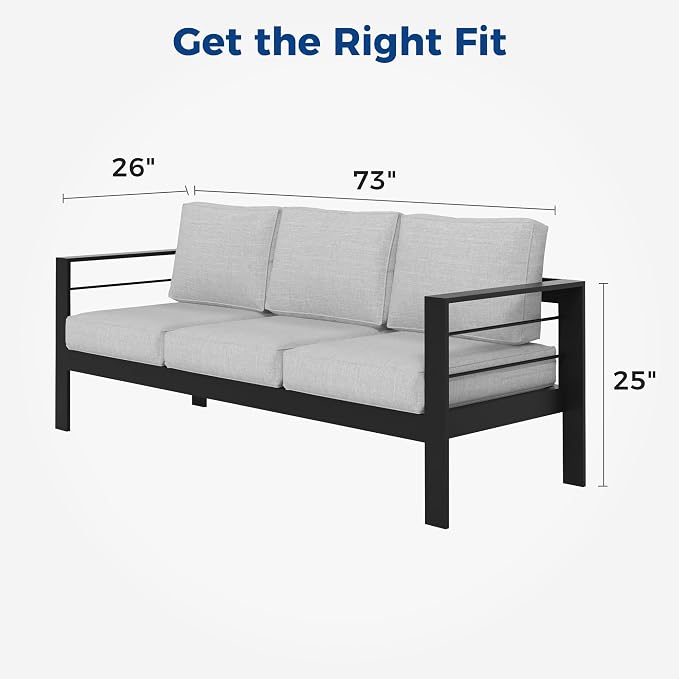 Wisteria Lane Aluminum Outdoor Sofa, 3 Seats Patio Couch All-Weather Rust-Proof Modern Metal Patio Furniture with 5" Thick Olefin Cushions, Light Grey