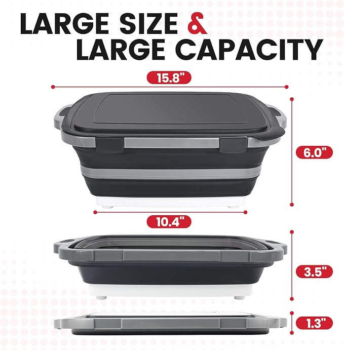 BBQ Prep Tub,8L Foldable Cutting Board with Locking Lid for Camp, Black | Collapsible Meat Tray, Deep Capacity, Mess-Control Rim, For Backyard Chefs, Tailgate Prep, Camps, Family Outdoor Cookouts