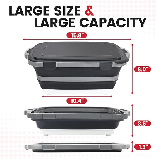 BBQ Prep Tub,8L Foldable Cutting Board with Locking Lid for Camp, Black | Collapsible Meat Tray, Deep Capacity, Mess-Control Rim, For Backyard Chefs, Tailgate Prep, Camps, Family Outdoor Cookouts