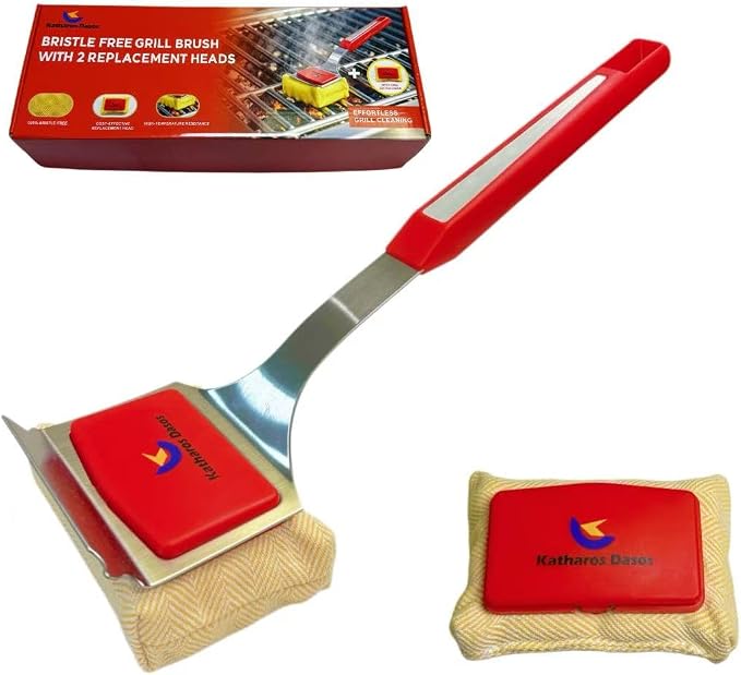 Bristle Free Grill Brush and Scraper for Outdoor Grill - Heavy Duty BBQ Grill Cleaner, Wire Free Non-Metal Safe Cleaning Brush with 2 Replaceable Heads - Ideal Gift for Dad
