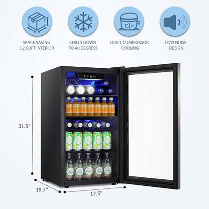 Antarctic Star Beverage Refrigerator Cooler -120 Can Glass Door Mini Fridge, for Soda Cola Beer or Wine Cooler Small Drink Dispenser Clear Front Door for Home, Bar 3.2cu.ft